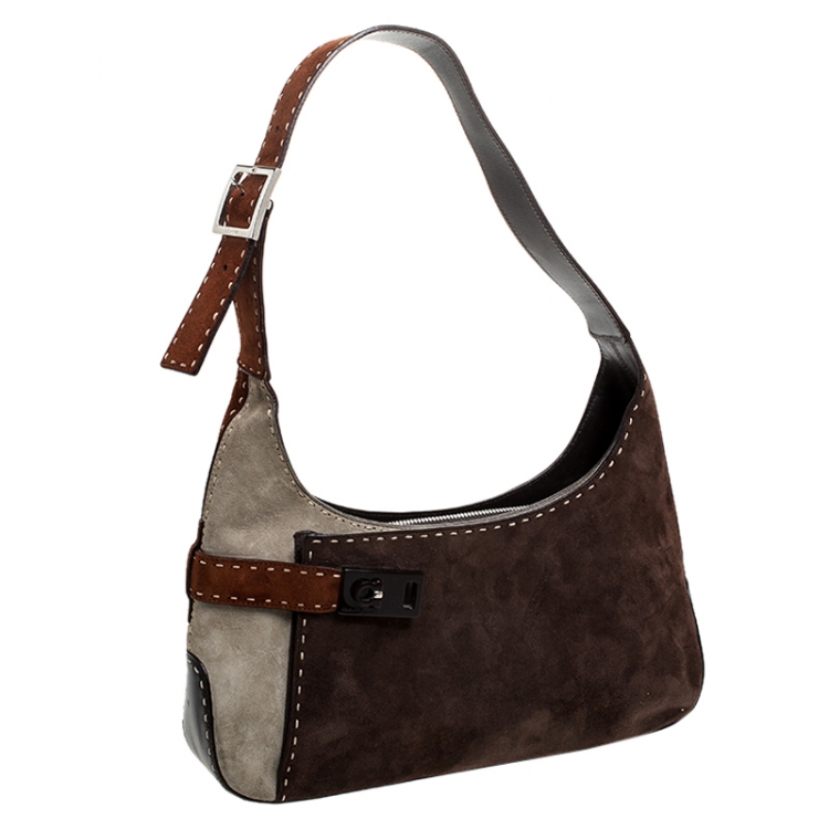Pre Owned Salvatore Ferragamo Multicolor Suede and Leather Shoulder Bag