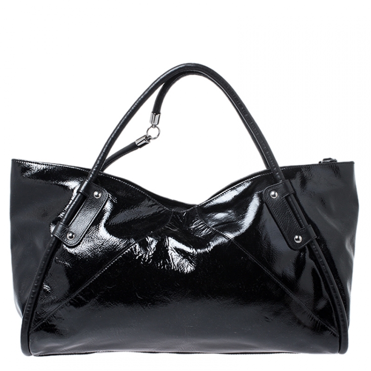 Pre Owned Salvatore Ferragamo Black Patent Leather Tassel Tote