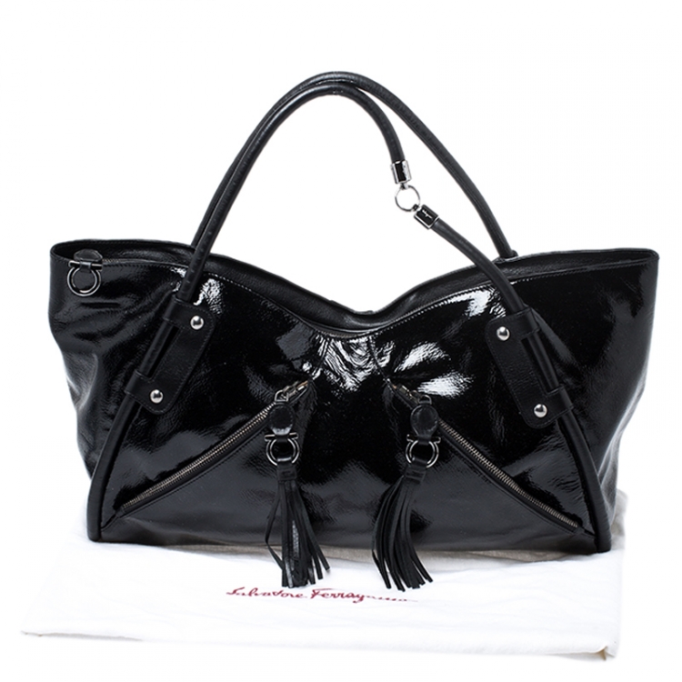 Pre Owned Salvatore Ferragamo Black Patent Leather Tassel Tote