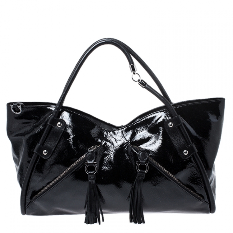 Pre Owned Salvatore Ferragamo Black Patent Leather Tassel Tote