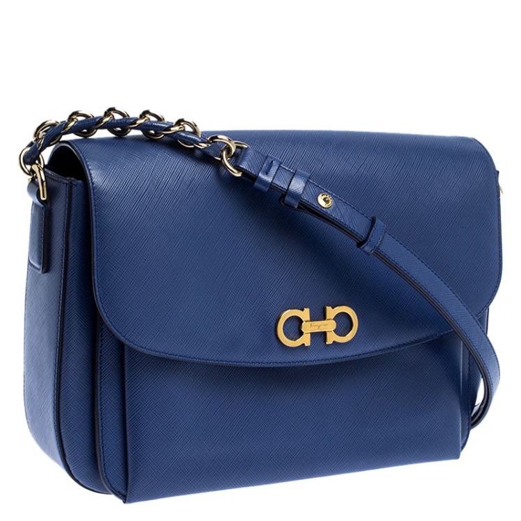 Pre Owned Salvatore Ferragamo Blue Leather Double Gancio Shoulder Bag 