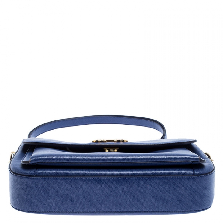Pre Owned Salvatore Ferragamo Blue Leather Double Gancio Shoulder Bag 