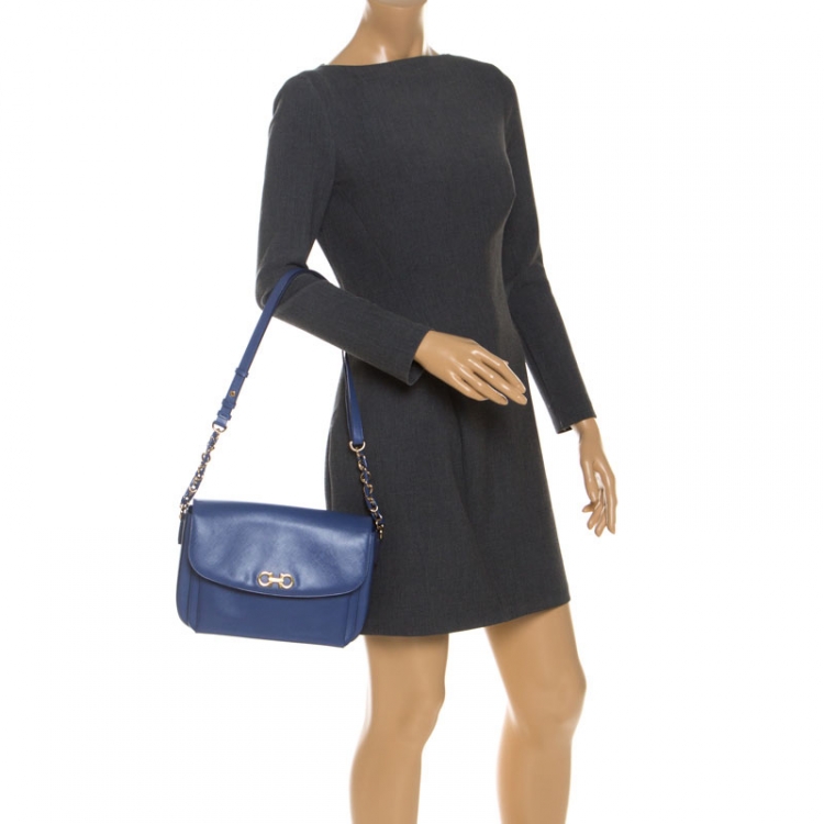 Pre Owned Salvatore Ferragamo Blue Leather Double Gancio Shoulder Bag 