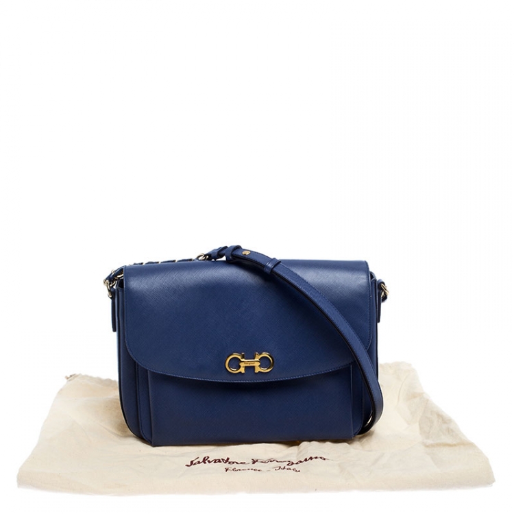 Pre Owned Salvatore Ferragamo Blue Leather Double Gancio Shoulder Bag 