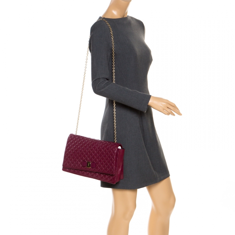 Pre Owned Salvatore Ferragamo Burgundy Micro Quilted Vara Chain Shoulder Bag