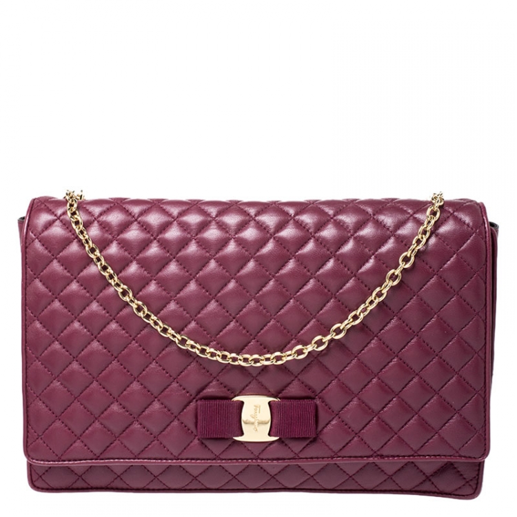 Pre Owned Salvatore Ferragamo Burgundy Micro Quilted Vara Chain Shoulder Bag