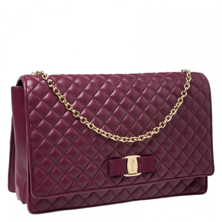 Pre Owned Salvatore Ferragamo Burgundy Micro Quilted Vara Chain Shoulder Bag