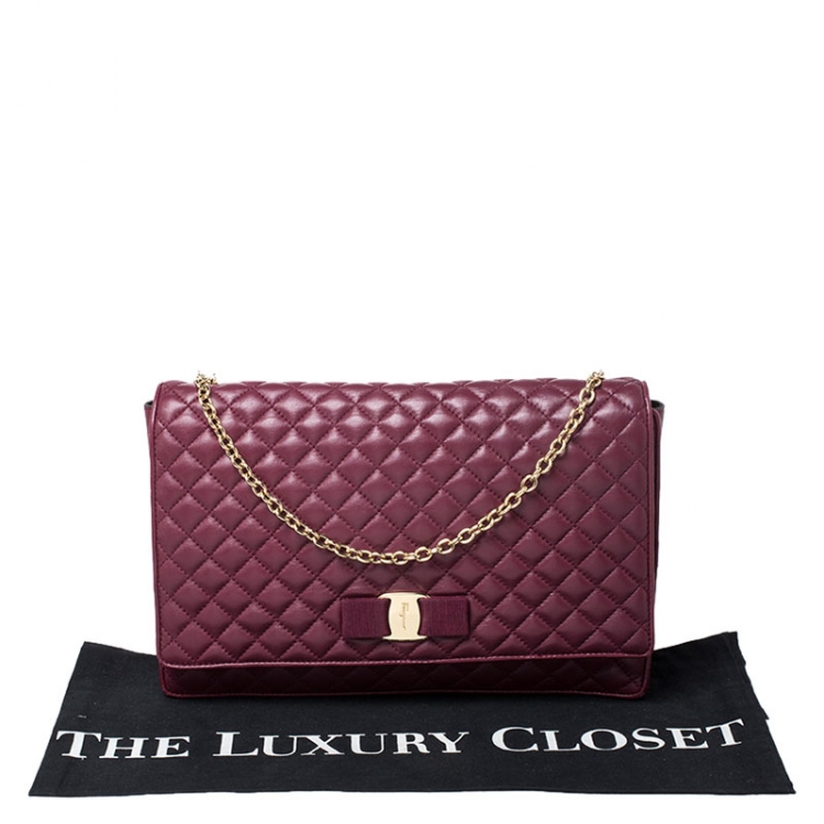 Pre Owned Salvatore Ferragamo Burgundy Micro Quilted Vara Chain Shoulder Bag