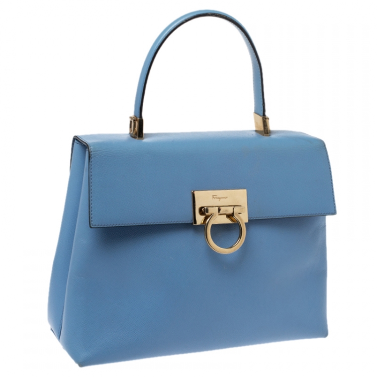 Pre Owned Salvatore Ferragamo Light Blue Leather Kelly Top Handle Bag