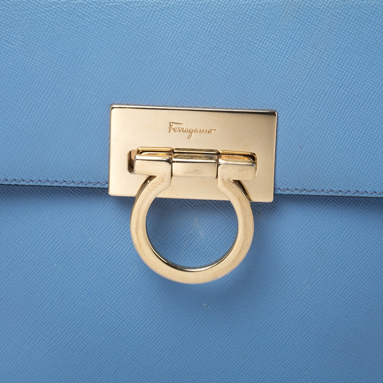Pre Owned Salvatore Ferragamo Light Blue Leather Kelly Top Handle Bag