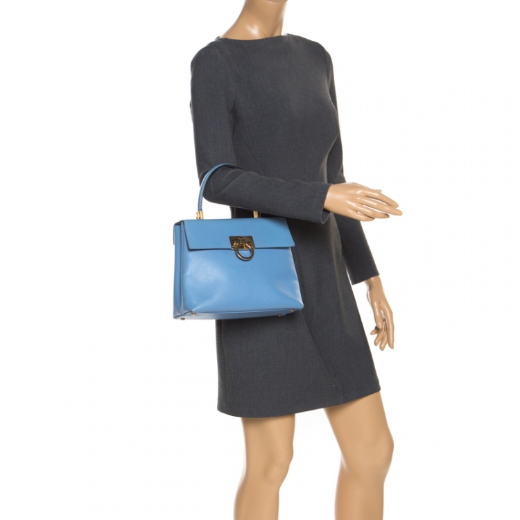 Pre Owned Salvatore Ferragamo Light Blue Leather Kelly Top Handle Bag