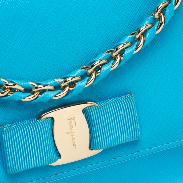 Pre Owned Salvatore Ferragamo Light Blue Leather Ginny Shoulder Bag