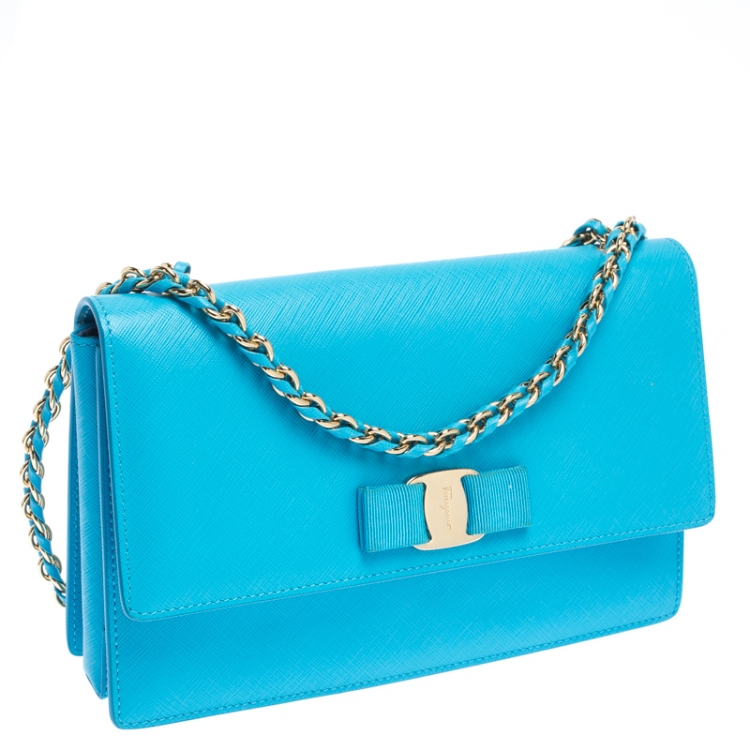 Pre Owned Salvatore Ferragamo Light Blue Leather Ginny Shoulder Bag