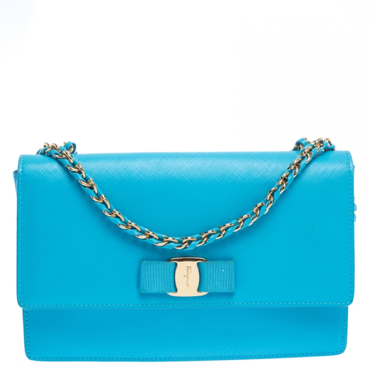 Pre Owned Salvatore Ferragamo Light Blue Leather Ginny Shoulder Bag