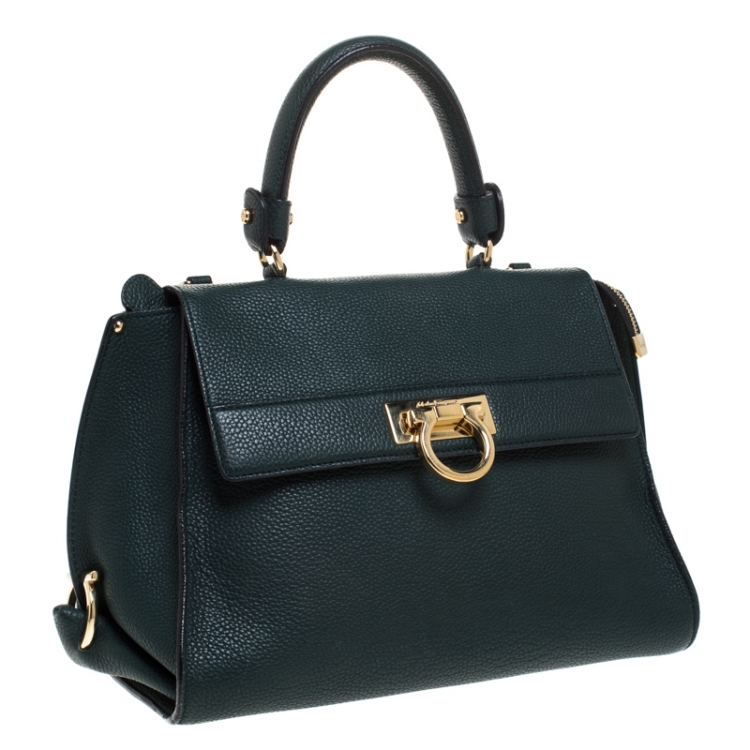 Pre Owned Salvatore Ferragamo Petroleum Green Leather Medium Sofia Top Handle Bag