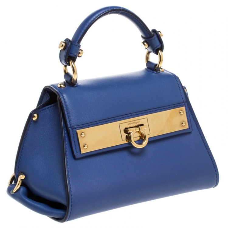 Pre Owned Salvatore Ferragamo Blue Leather Mini Sofia Top Handle Bag