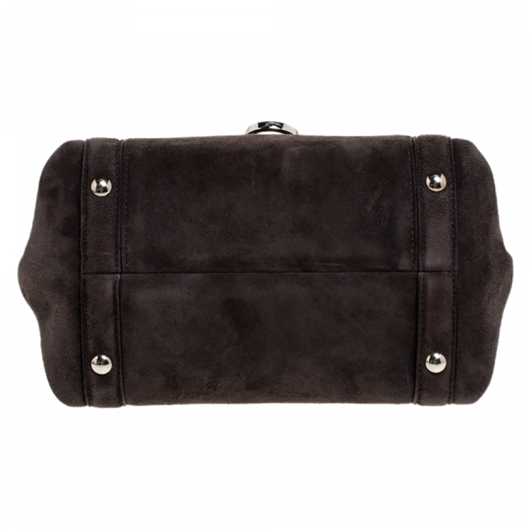 Pre Owned Salvatore Ferragamo Dark Brown Suede and Snakeskin Sofia Top Handle Bag