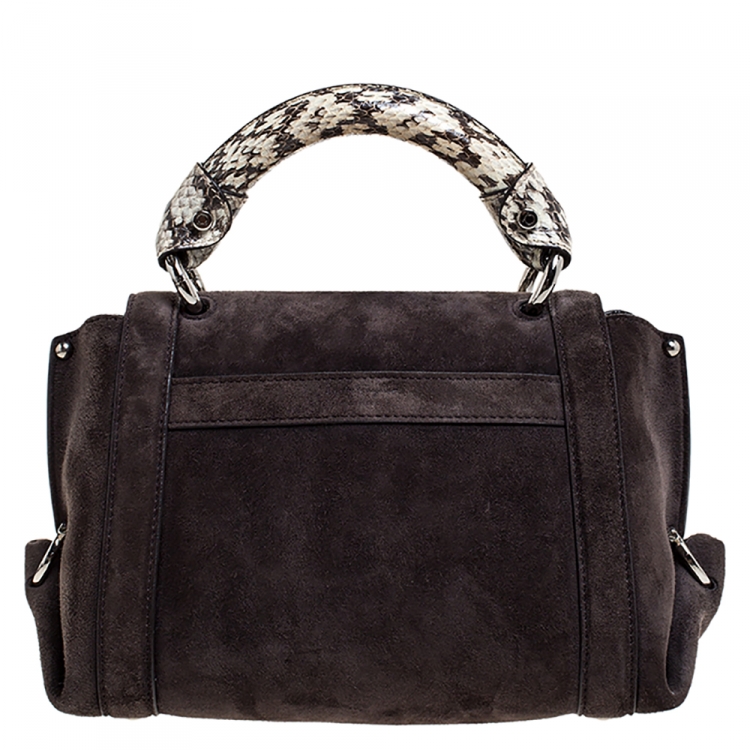 Pre Owned Salvatore Ferragamo Dark Brown Suede and Snakeskin Sofia Top Handle Bag