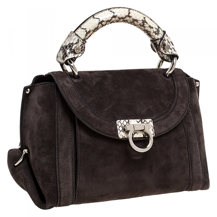 Pre Owned Salvatore Ferragamo Dark Brown Suede and Snakeskin Sofia Top Handle Bag