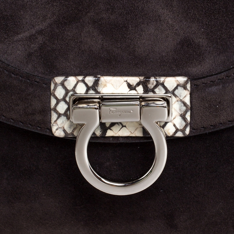 Pre Owned Salvatore Ferragamo Dark Brown Suede and Snakeskin Sofia Top Handle Bag