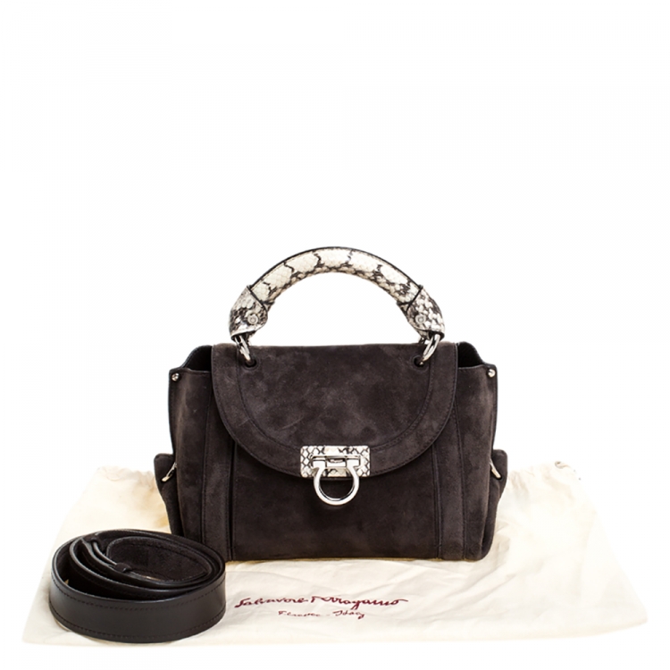 Pre Owned Salvatore Ferragamo Dark Brown Suede and Snakeskin Sofia Top Handle Bag