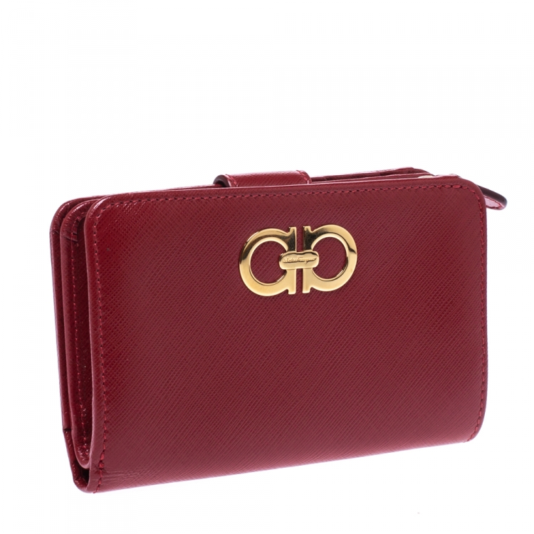 Pre Owned Salvatore Ferragamo Red Leater Gancini French Wallet