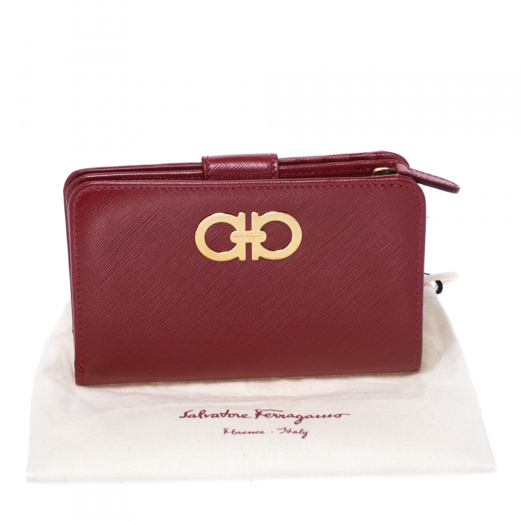 Pre Owned Salvatore Ferragamo Red Leater Gancini French Wallet