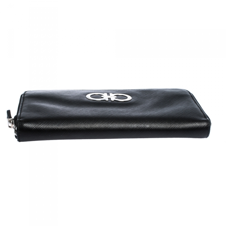 Pre Owned Salvatore Ferragamo Black Leather Double Gancio Zip Around Wallet