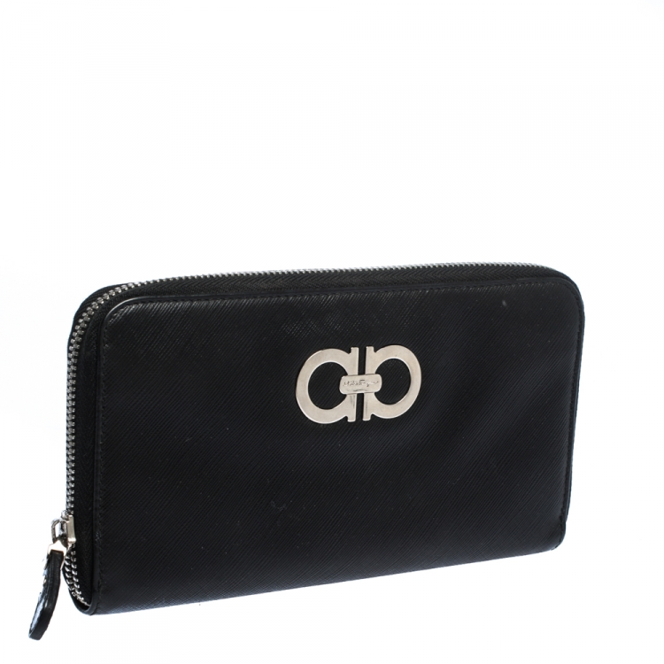 Pre Owned Salvatore Ferragamo Black Leather Double Gancio Zip Around Wallet