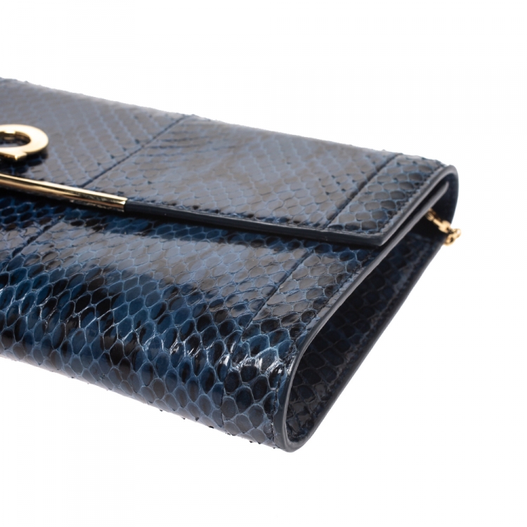 Pre Owned Salvatore Ferragamo Blue Python Chain Clutch