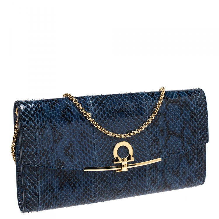 Pre Owned Salvatore Ferragamo Blue Python Chain Clutch