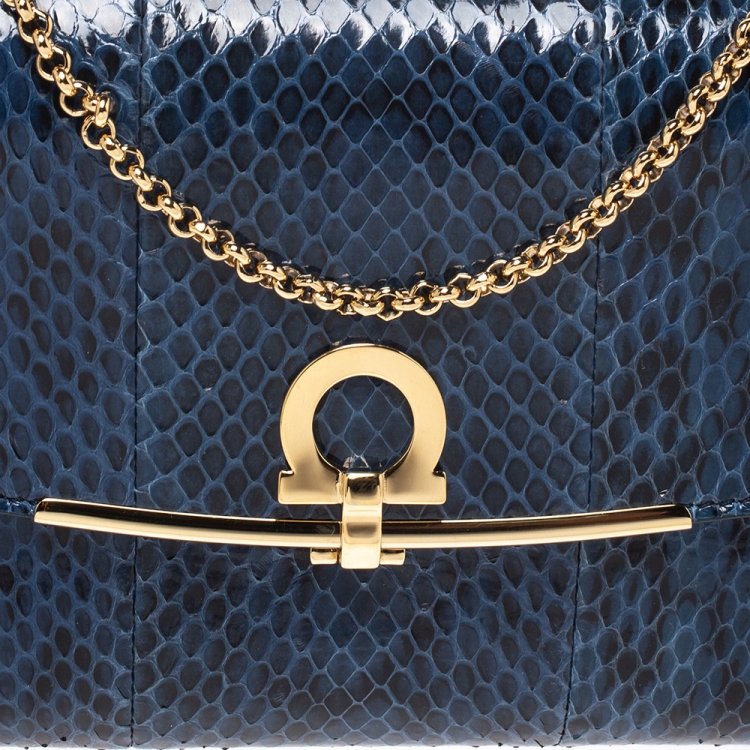 Pre Owned Salvatore Ferragamo Blue Python Chain Clutch