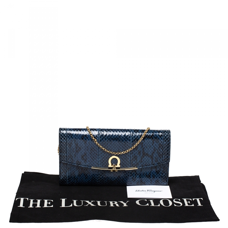 Pre Owned Salvatore Ferragamo Blue Python Chain Clutch