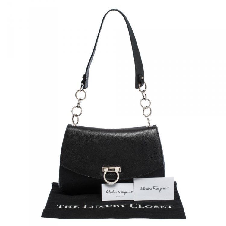 Pre Owned Salvatore Ferragamo Black Leather Flap Shoulder Bag