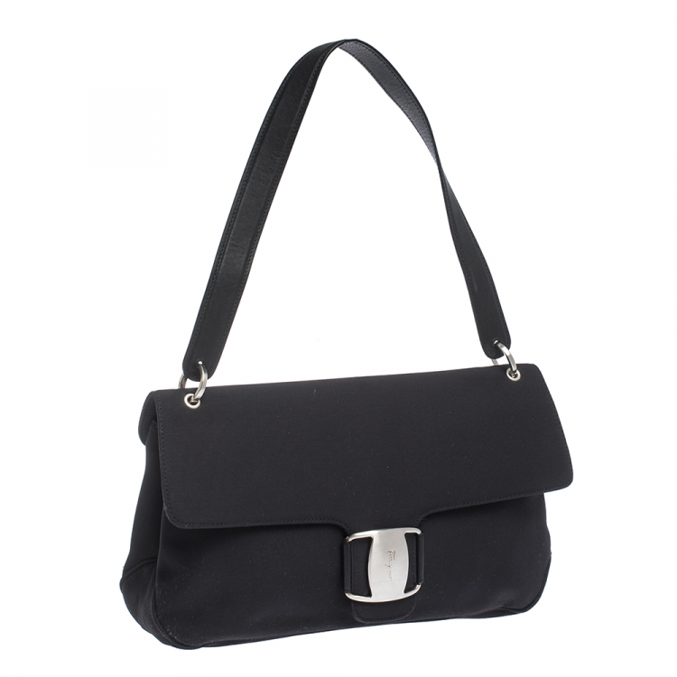 Pre Owned Salvatore Ferragamo Black Fabric and Leather Shoulder Bag