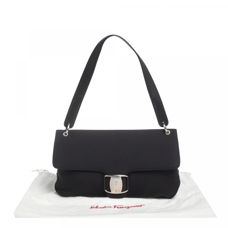 Pre Owned Salvatore Ferragamo Black Fabric and Leather Shoulder Bag