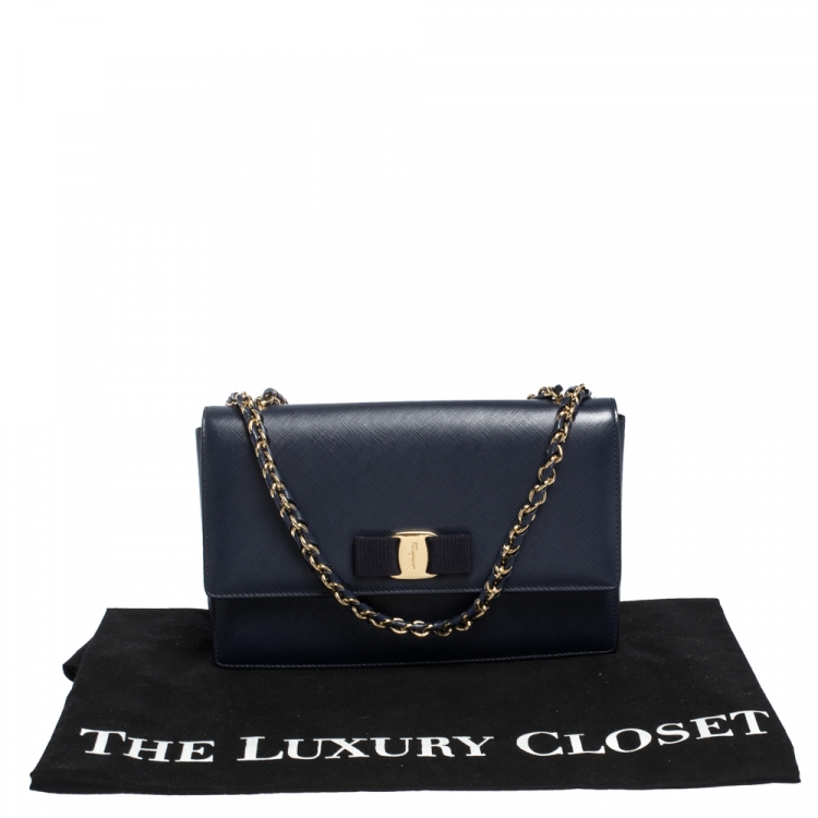 Pre Owned Salvatore Ferragamo Dark Blue Leather Ginny Shoulder Bag