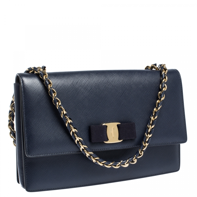 Pre Owned Salvatore Ferragamo Dark Blue Leather Ginny Shoulder Bag