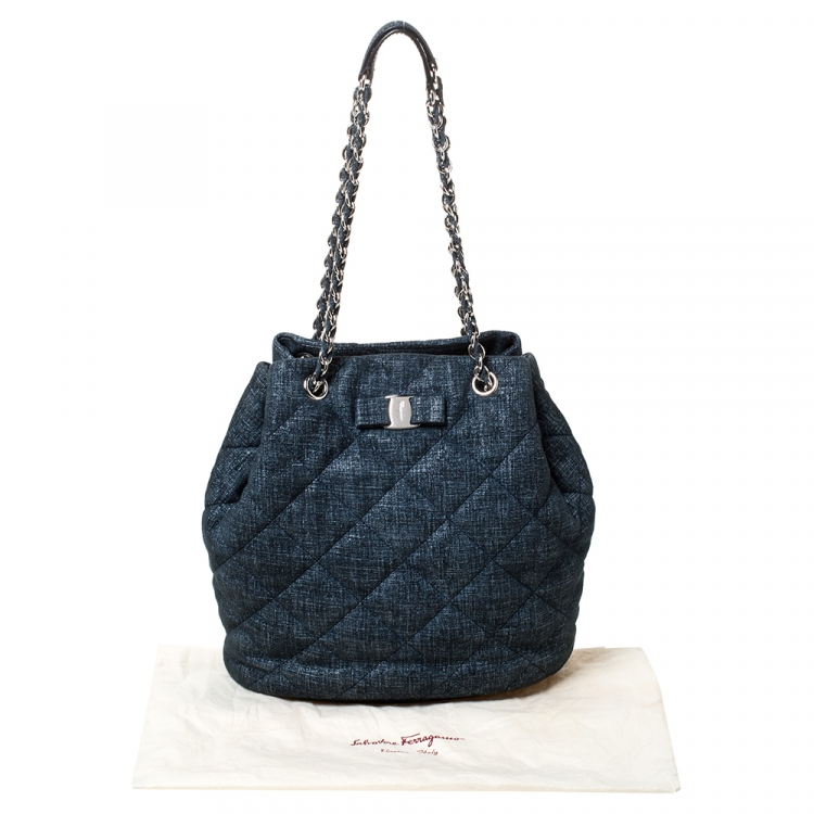 Pre Owned Salvatore Ferragamo Navy Blue Quilted Nubuck Leather Genny Bucket Bag
