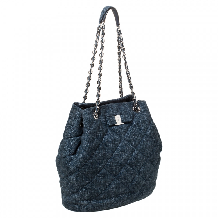 Pre Owned Salvatore Ferragamo Navy Blue Quilted Nubuck Leather Genny Bucket Bag