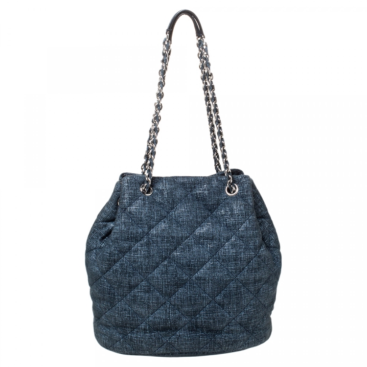 Pre Owned Salvatore Ferragamo Navy Blue Quilted Nubuck Leather Genny Bucket Bag