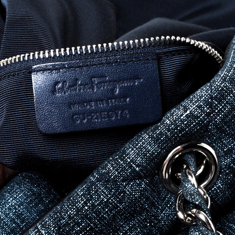 Pre Owned Salvatore Ferragamo Navy Blue Quilted Nubuck Leather Genny Bucket Bag