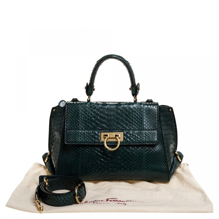 Pre Owned Salvatore Ferragamo Green Python Sofia Top Handle Bag