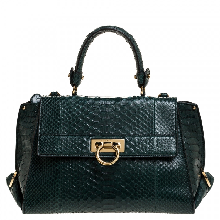 Pre Owned Salvatore Ferragamo Green Python Sofia Top Handle Bag