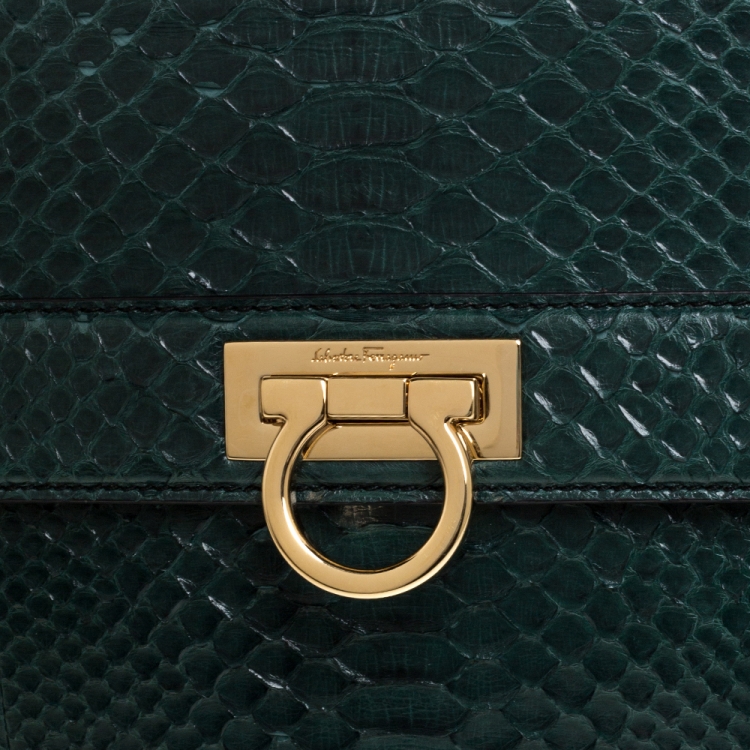 Pre Owned Salvatore Ferragamo Green Python Sofia Top Handle Bag