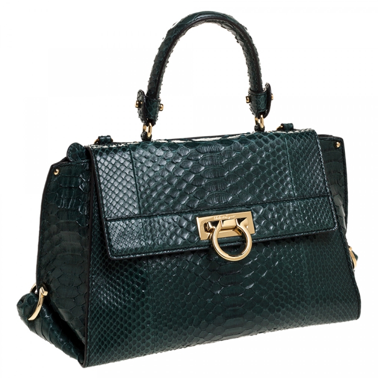 Pre Owned Salvatore Ferragamo Green Python Sofia Top Handle Bag