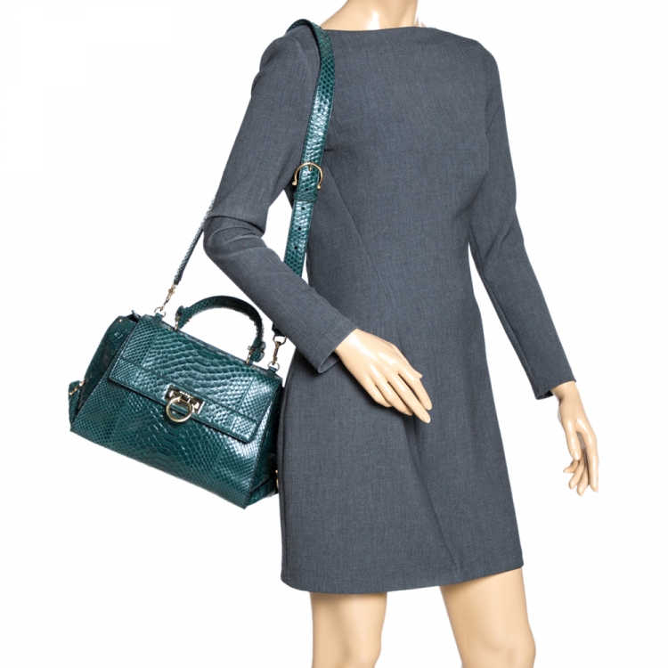 Pre Owned Salvatore Ferragamo Green Python Sofia Top Handle Bag