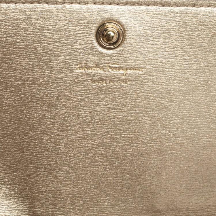 Pre Owned Salvatore Ferragamo Gold Leather Gancini City Wallet on Chain