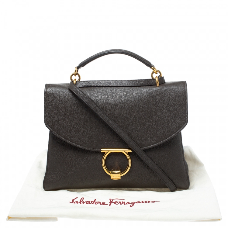 Pre Owned Salvatore Ferragamo Dark Brown Leather Gancini Top Handle Bag