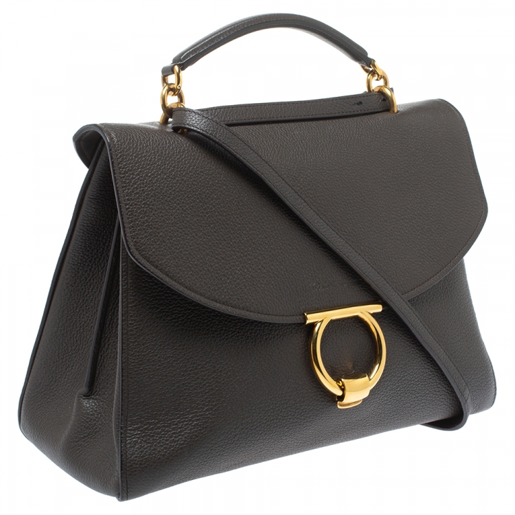 Pre Owned Salvatore Ferragamo Dark Brown Leather Gancini Top Handle Bag